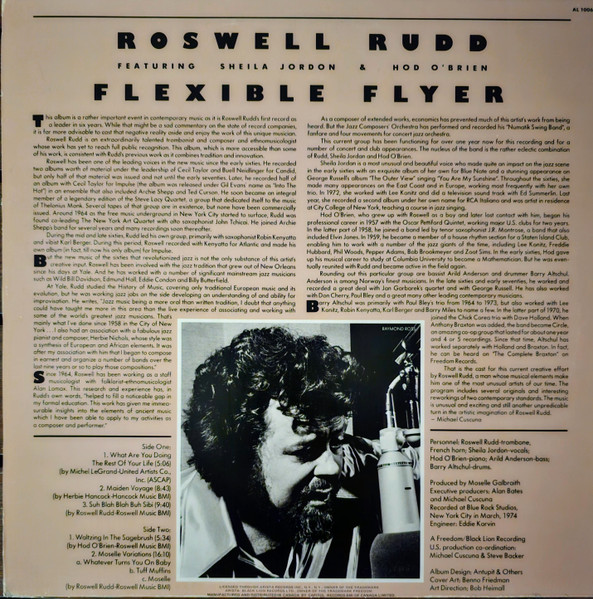 Roswell Rudd Featuring Hod O'Brien & Sheila Jordon* - Flexible Flyer (LP, Album) (Near Mint (NM or M-)) - Image 2