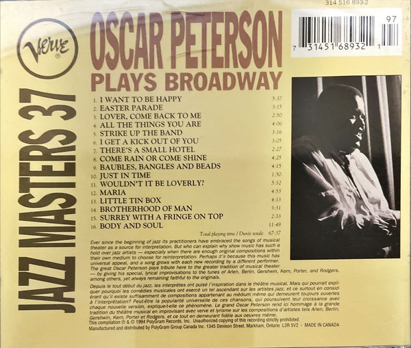 Oscar Peterson - Oscar Peterson Plays Broadway (CD, Comp) (Near Mint (NM or M-)) - Image 2