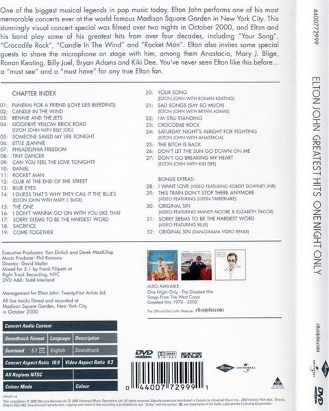 Elton John - Greatest Hits - One Night Only (DVD-V, Copy Prot., RE) (Mint (M)) - Image 2