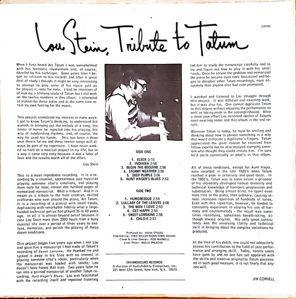 Lou Stein - Tribute To Tatum (LP, Album) (Near Mint (NM or M-)) - Image 2