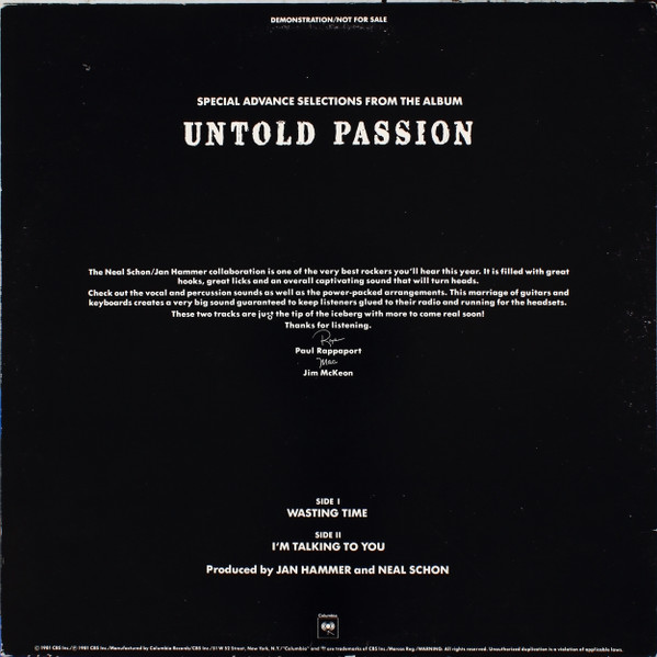 Neal Schon And Jan Hammer* - Special Advance Selections From The Album Untold Passion (12", Promo) (Very Good Plus (VG+)) - Image 2