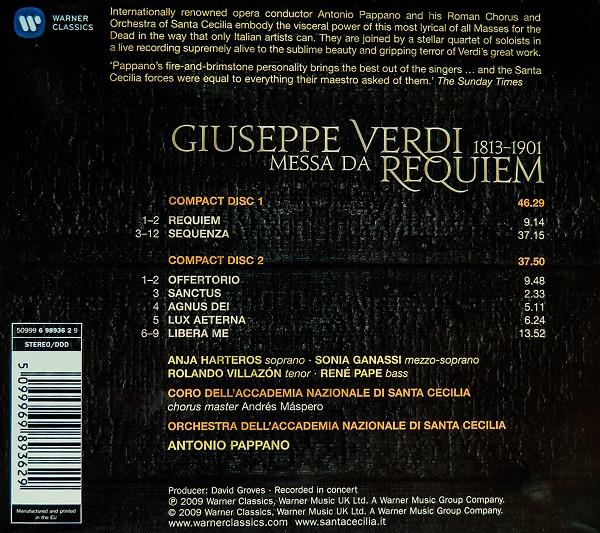Verdi*, Anja Harteros, Sonia Ganassi, Rolando Villazón, René Pape, Orchestra* E Coro Dell'Accademia Nazionale di Santa Cecilia*, Antonio Pappano - Messa Da Requiem (2xCD, Album, RE, RP) (Near Mint (NM or M-)) - Image 2