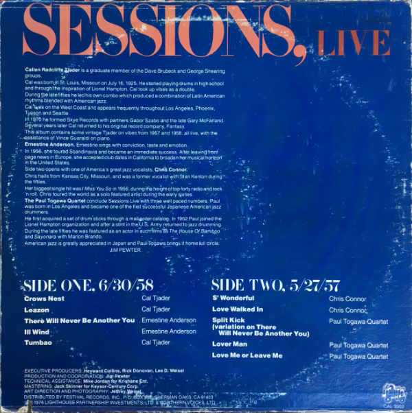 Cal Tjader, Chris Connor And Paul Togawa - Sessions, Live (LP) (Very Good Plus (VG+)) - Image 2