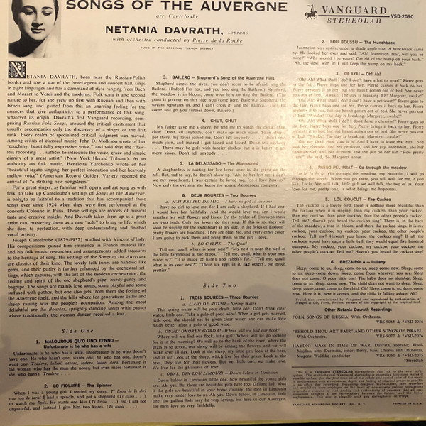 Netania Davrath, Pierre De La Roche, Canteloube* - Songs Of The Auvergne (LP, Album, RE, Gol) (Very Good Plus (VG+)) - Image 2