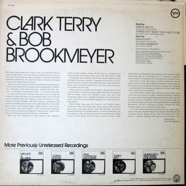 Clark Terry & Bob Brookmeyer - Previously Unreleased Recordings (LP, Album) (Very Good Plus (VG+)) - Image 2