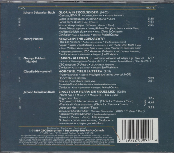 Bach* • Purcell* • Handel* • Monteverdi* - Vancouver Chamber Choir • Jon Washburn, L'Ensemble Vocal De Lausanne* • Michel Corboz, CBC Vancouver Orchestra-2