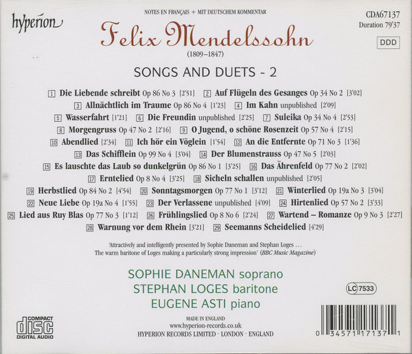 Mendelssohn* - Sophie Daneman, Nathan Berg, Eugene Asti-1