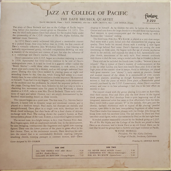 Dave Brubeck Quartet* Featuring Paul Desmond - Jazz At The College Of The Pacific (LP, Album, Mono, Red) (Very Good (VG)) - Image 2