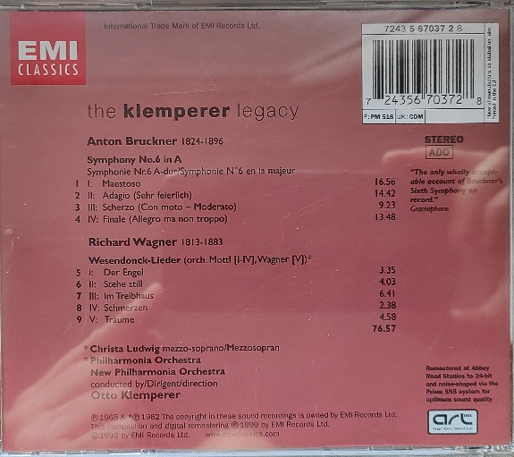 Bruckner*, Wagner* - Otto Klemperer, Christa Ludwig - Symphonie 6 / Wesendonck-Lieder (CD, Comp, RM) (Near Mint (NM or M-)) - Image 2