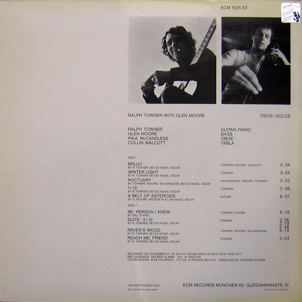 Ralph Towner With Glen Moore - Trios / Solos (LP, Album) (Very Good Plus (VG+)) - Image 2