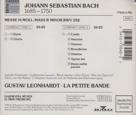 J. S. Bach*, Isabelle Poulenard, Guillemette Laurens, René Jacobs, John Elwes, Max van Egmond, Harry van der Kamp, Collegium Musicum van de Nederlandse Bachvereniging, Gustav Leonhardt, La Petite Bande-1