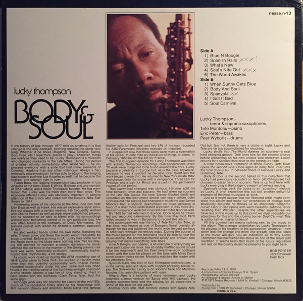 Lucky Thompson Featuring Tete Montoliu - Body & Soul (LP, Album) (Very Good Plus (VG+)) - Image 2