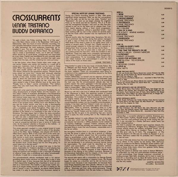 Lennie Tristano, Buddy Defranco - Crosscurrents (LP, Comp, RE, HQ ) (Near Mint (NM or M-)) - Image 2