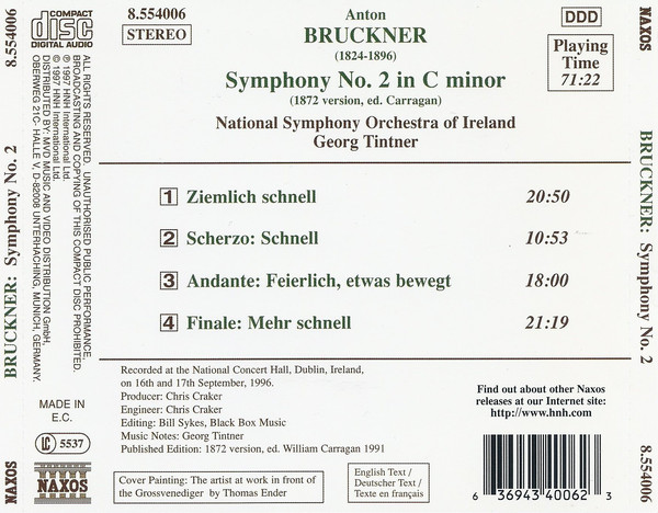 Bruckner* - National Symphony Orchestra Of Ireland, Georg Tintner - Symphony No. 2 (1872 Version) (CD) (Near Mint (NM or M-)) - Image 2