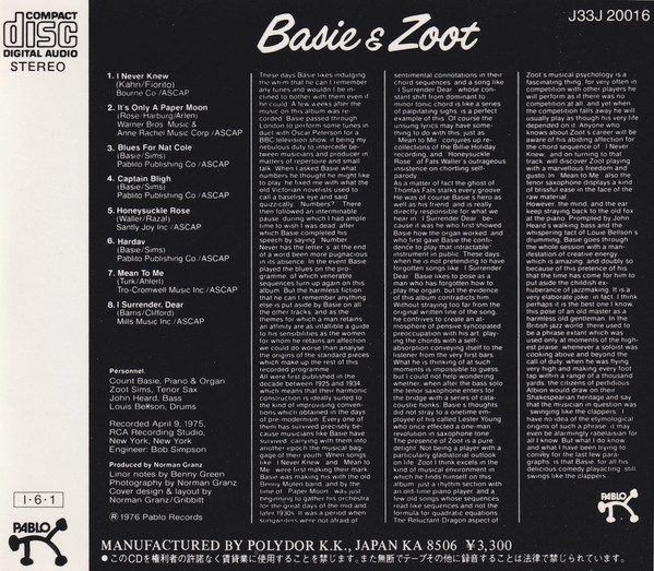 Count Basie & Zoot Sims - Basie & Zoot (CD, Album, RE) (Near Mint (NM or M-)) - Image 2