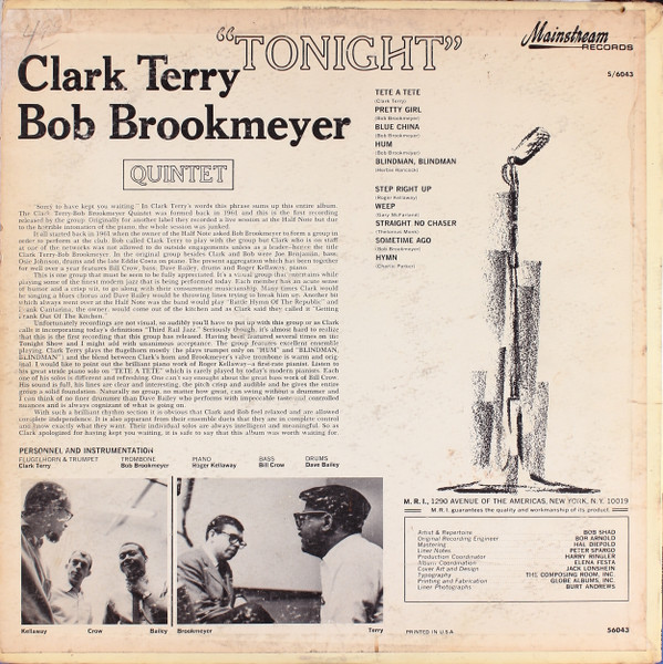 Clark Terry / Bob Brookmeyer Quintet - Tonight (LP, Album, Mono) (Near Mint (NM or M-)) - Image 2