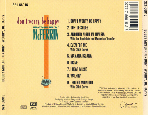 Bobby McFerrin - Don't Worry, Be Happy (CD, Comp) (Near Mint (NM or M-)) - Image 2