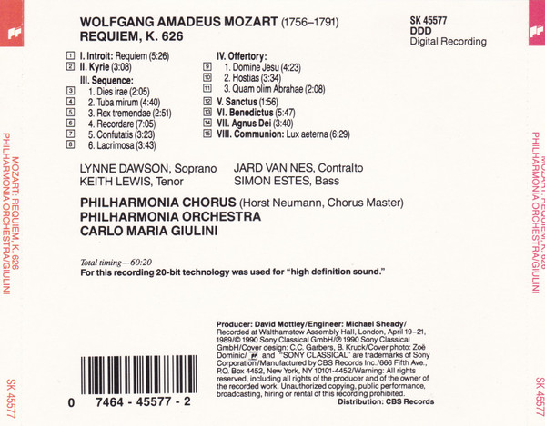 Wolfgang Amadeus Mozart - Philharmonia Chorus & Orchestra*, Carlo Maria Giulini, Lynne Dawson, Jard Van Nes, Keith Lewis (4), Simon Estes-1