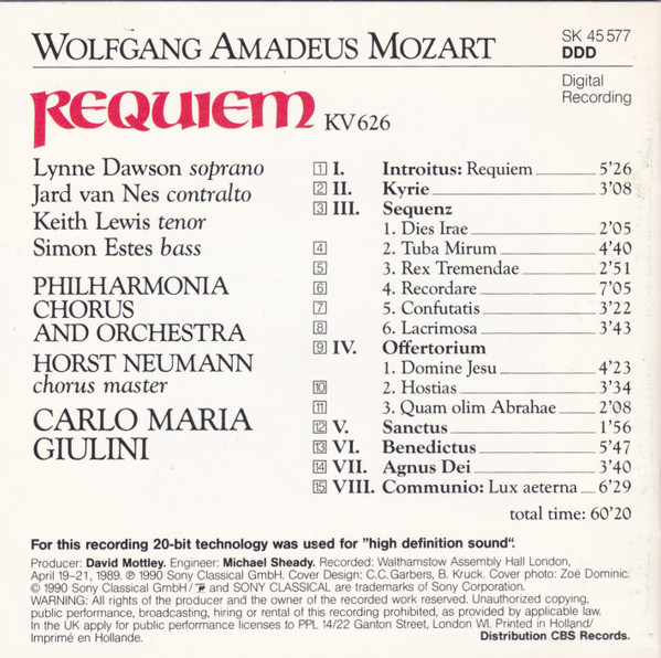Wolfgang Amadeus Mozart - Philharmonia Chorus & Orchestra*, Carlo Maria Giulini, Lynne Dawson, Jard Van Nes, Keith Lewis (4), Simon Estes-2