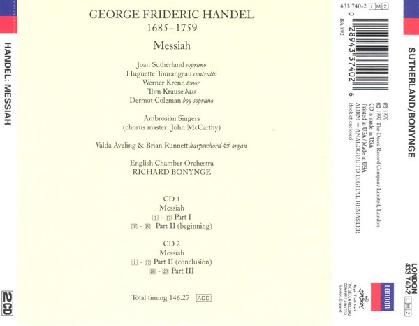 Handel* – Joan Sutherland • Huguette Tourangeau • Werner Krenn • Tom Krause • Ambrosian Singers* • English Chamber Orchestra • Richard Bonynge-1