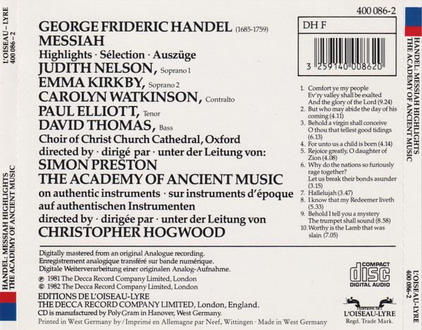 Handel* - Nelson* • Kirkby* • Watkinson* • Elliott* • Thomas* • Choir Of Christ Church Cathedral, Oxford* • The Academy Of Ancient Music • Christopher Hogwood-1