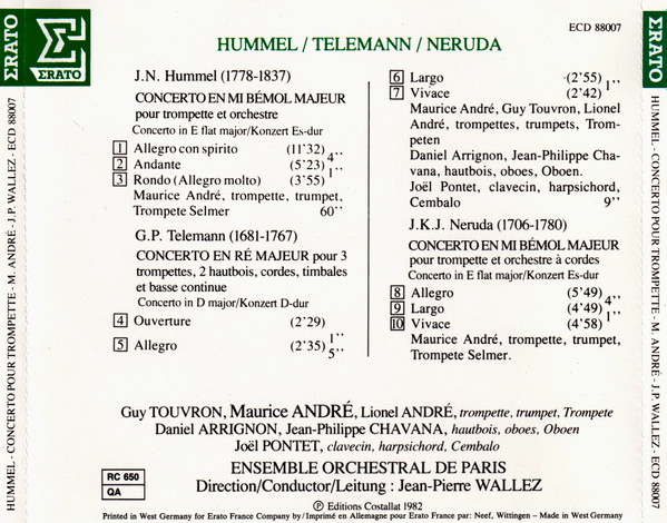 Hummel* / Telemann* / Neruda* - Maurice André, Guy Touvron, Lionel André, Ensemble Orchestral De Paris, Jean-Pierre Wallez-1