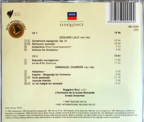 Édouard Lalo / Emmanuel Chabrier, Ruggiero Ricci, L'Orchestre De La Suisse Romande, Ernest Ansermet-1