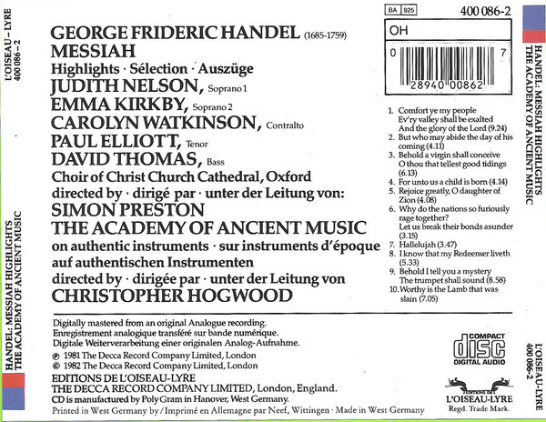 Handel* - Nelson* • Kirkby* • Watkinson* • Elliott* • Thomas* • Choir Of Christ Church Cathedral, Oxford* • The Academy Of Ancient Music • Christopher Hogwood-1