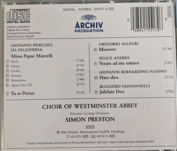 Palestrina*, Allegri* - Choir Of Westminster Abbey*, Simon Preston-1