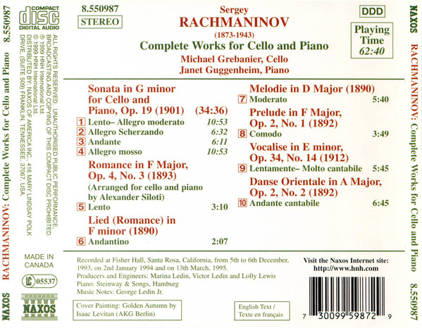 Rachmaninov* - Michael Grebanier, Janet Guggenheim-1