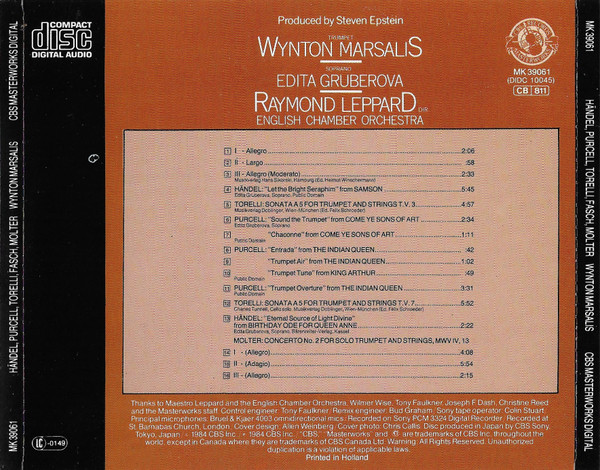 Wynton Marsalis, Edita Gruberova, English Chamber Orchestra, Raymond Leppard - Purcell*, Händel*, Torelli*, Fasch*, Molter*-1