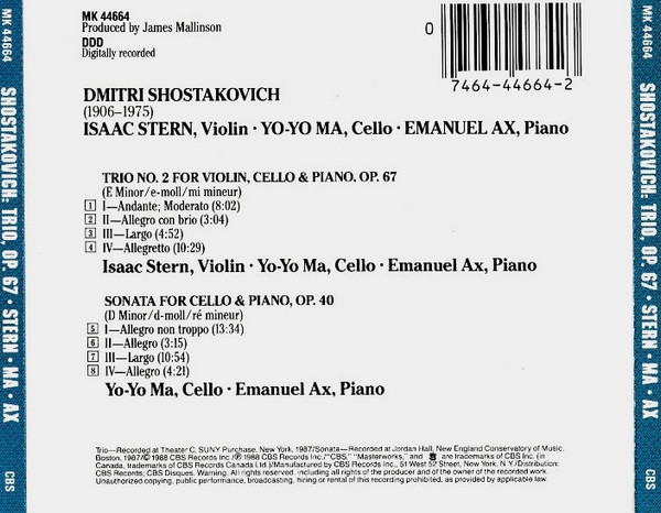 Shostakovich* - Isaac Stern, Yo-Yo Ma, Emanuel Ax-1