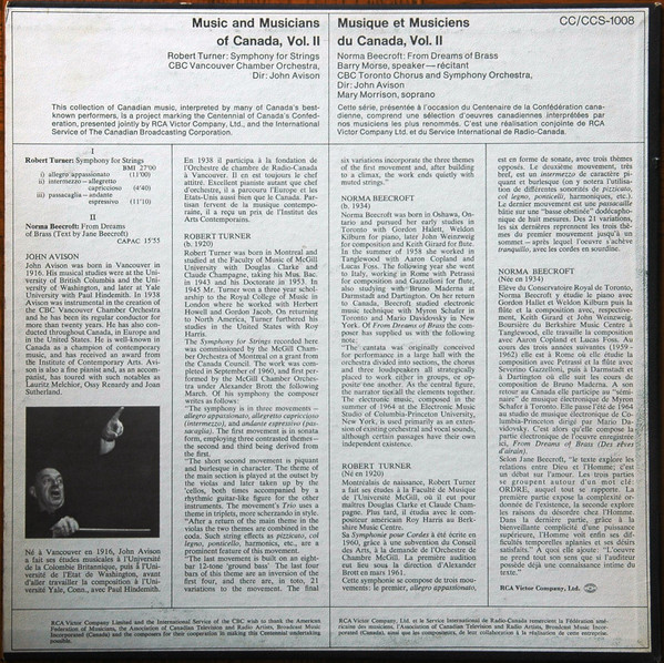 Robert Turner (5), CBC Vancouver Chamber Orchestra* / Norma Beecroft, CBC Toronto Chorus And Symphony Orchestra* • John Avison-1