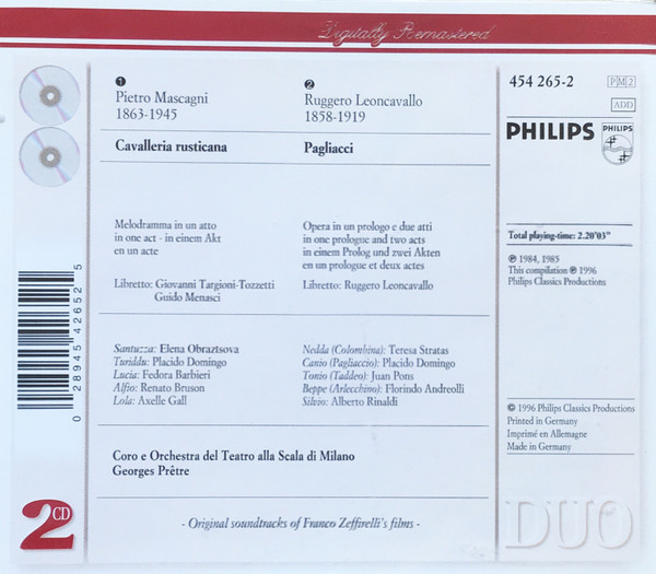 Pietro Mascagni, Ruggiero Leoncavallo, Placido Domingo, Renato Bruson, Elena Obraztsova, Teresa Stratas, Orchestra Del Teatro Alla Scala, Georges Prêtre-1