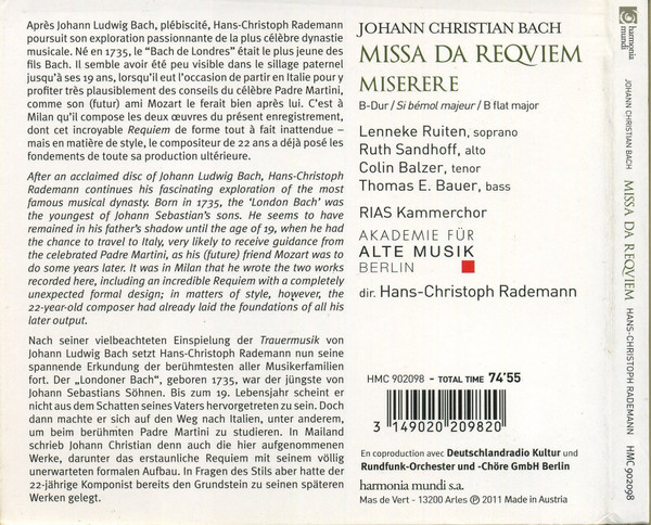 Johann Christian Bach - Lenneke Ruiten, Ruth Sandhoff, Colin Balzer, Thomas Bauer*, RIAS Kammerchor*, Akademie Für Alte Musik Berlin, Hans-Christoph Rademann-1