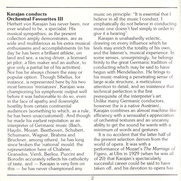 Karajan*, Berlioz*, Bizet*, Chabrier*, Granados*, Offenbach*, Puccini*, Sibelius*, J. Strauss I*, Verdi*, Weinberger*-4