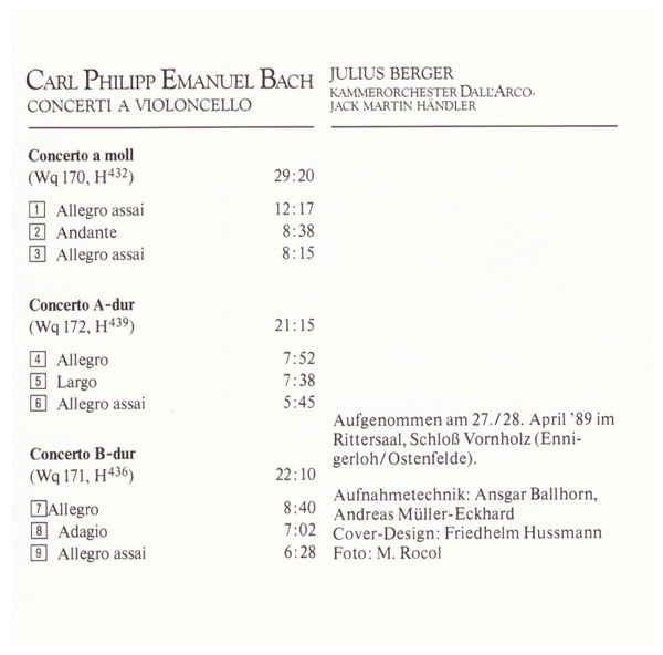 Carl Philipp Emanuel Bach – Julius Berger, Kammerorchester Dall' Arco*, Jack Martin Händler-1