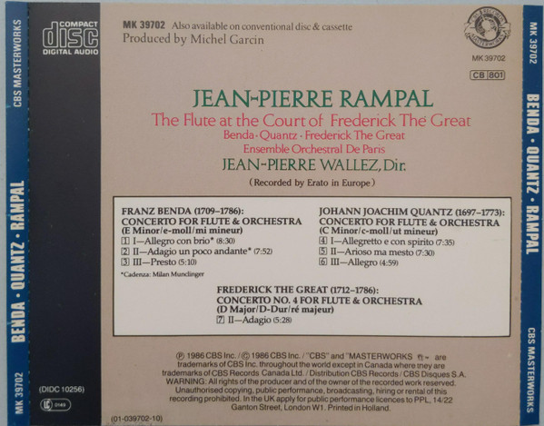 Benda*, Quantz*, Frederick The Great* : Jean-Pierre Rampal, Ensemble Orchestral De Paris, Jean-Pierre Wallez-1
