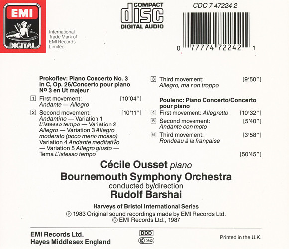Prokofiev* / Poulenc* - Cécile Ousset Piano, Bournemouth Symphony Orchestra Conducted By Rudolf Barshai-1