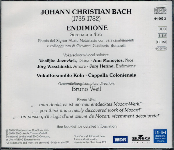 Johann Christian Bach - Vasijlka Jezovšek • Ann Monoyios • Jörg Waschinski • Jörg Hering • Cappella Coloniensis • Bruno Weil-2