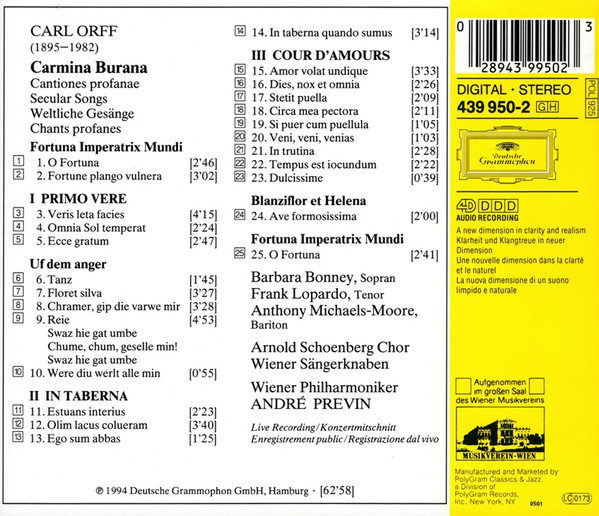 Carl Orff, Arnold Schoenberg Chor, Die Wiener Sängerknaben, Wiener Philharmoniker, André Previn, Barbara Bonney, Frank Lopardo, Anthony Michaels-Moore-1