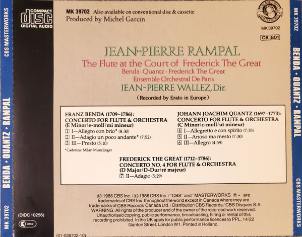Benda*, Quantz*, Frederick The Great* : Jean-Pierre Rampal, Ensemble Orchestral De Paris, Jean-Pierre Wallez-2