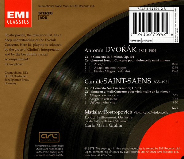 Mstislav Rostropovich • Carlo Maria Giulini / London Philharmonic Orchestra – Dvořák* / Saint-Saëns*-2