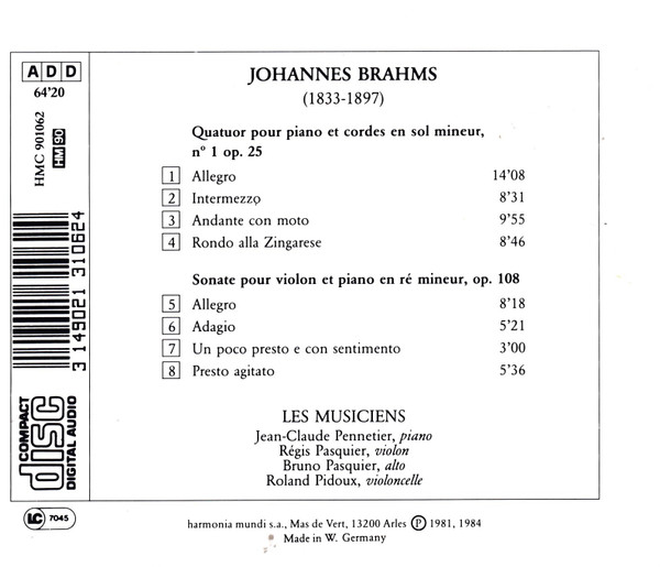 Johannes Brahms - Jean-Claude Pennetier, Régis Pasquier, Bruno Pasquier, Roland Pidoux-1