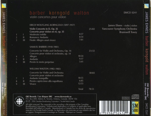 Barber* / Korngold* / Walton* - James Ehnes, Vancouver Symphony Orchestra, Bramwell Tovey-1