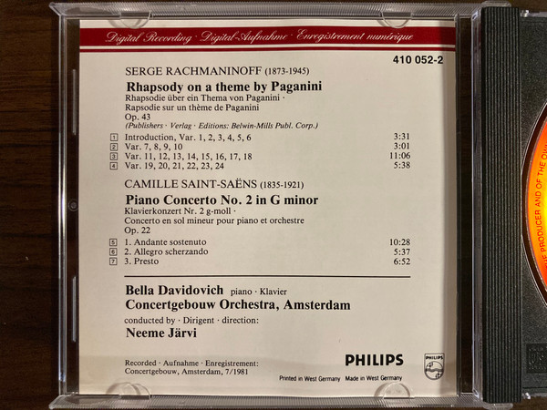 Saint-Saëns* / Rachmaninoff* – Bella Davidovich, Concertgebouw Orchestra, Amsterdam*, Neeme Järvi-3