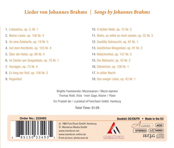 Johannes Brahms, Brigitte Fassbaender, Irwin Gage, Thomas Riebl-1