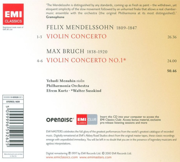 Mendelssohn* / Bruch* - Yehudi Menuhin, Philharmonia Orchestra, Efrem Kurtz, Walter Susskind-1