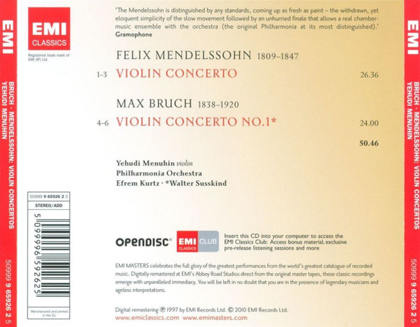 Mendelssohn* / Bruch* - Yehudi Menuhin, Philharmonia Orchestra, Efrem Kurtz, Walter Susskind-2