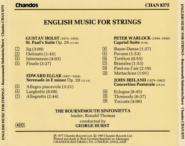 Holst* - Elgar* - Warlock* - Ireland*, The Bournemouth Sinfonietta*, George Hurst-1